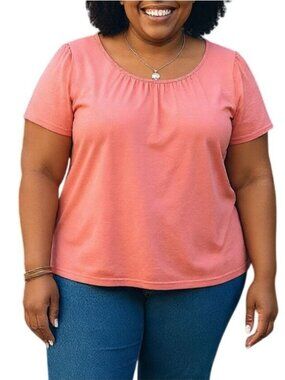 Basic Editions Plus-Size 2X Top Coral Pink Scoop Neck Short Sleeve